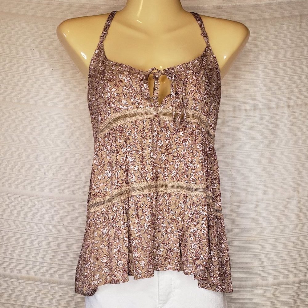Boho  RacerbackTop with Flowers and Lace Detail with Adjustable Straps